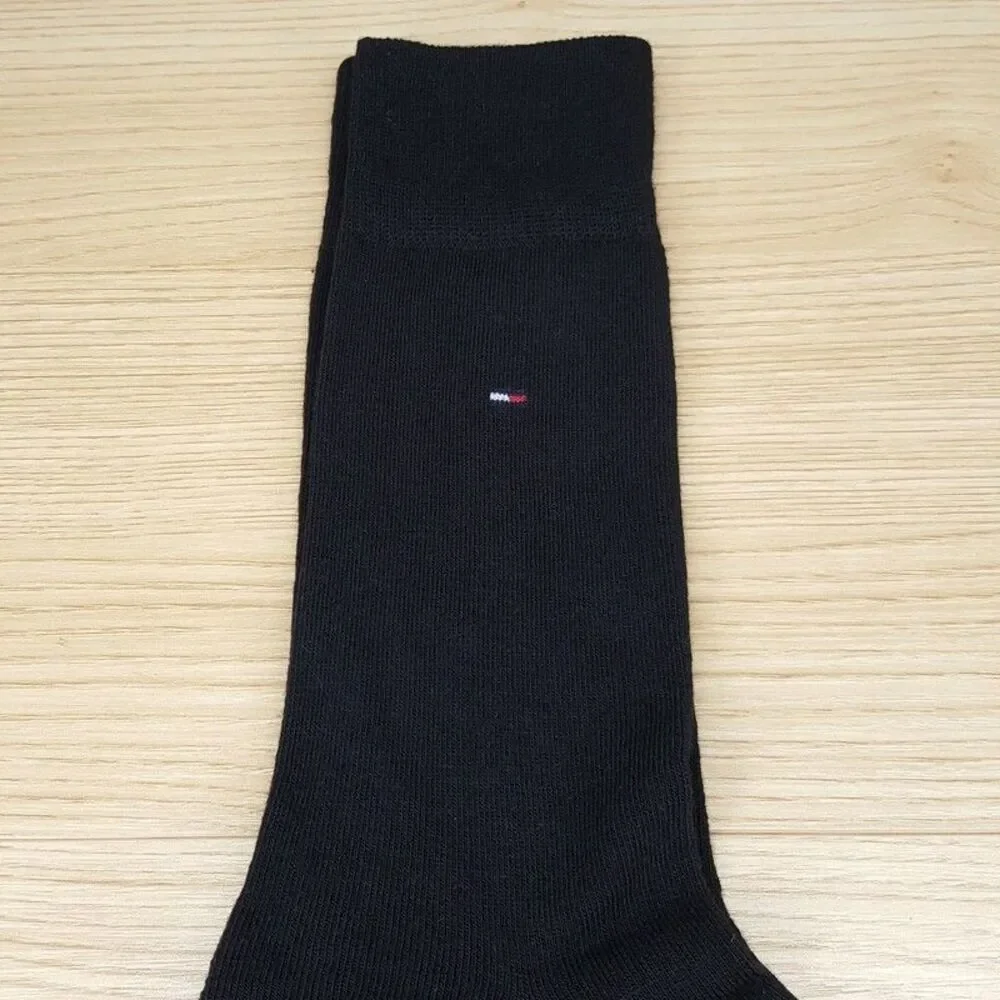 TOMMY HILFIGER Crew Dress Socks Mens Solid Black Cotton Blend Logo